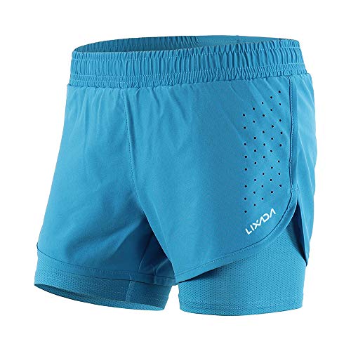 Lixada 2-i-1-byxa för kvinnor snabbtorkande andningsaktiv träning jogging-cykelsportshorts med längre innesko Women Blue XS