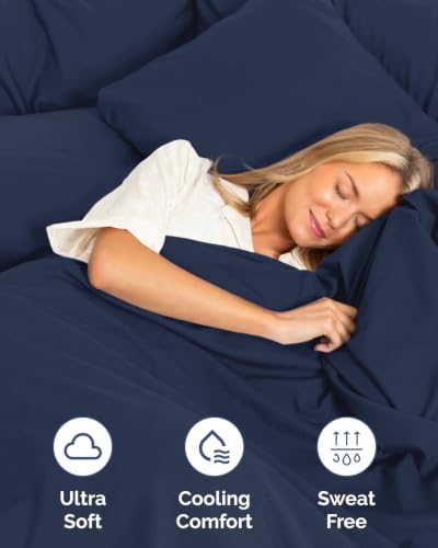 Image of Flex Top Split Head King 6 Piece Sheet Set - Soft & Cooling - Navy Blue | Ultra Soft Hotel Luxury Bedding Set w / 8-16 Inch Deep Pockets, 1 Flat & 1 Split-Head Fitted Sheet & 4 Pillowcases, Fade Free