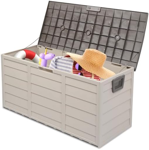 75 Gallon Large Deck Box,Outdoor Resin Storage Boxes,260L Garden Plastic Storage Bin,Lockable & Waterproof Container Bins for Patio Furniture,Cushions,Pool Float,Garden Tools,Doubles as Extra Seating
