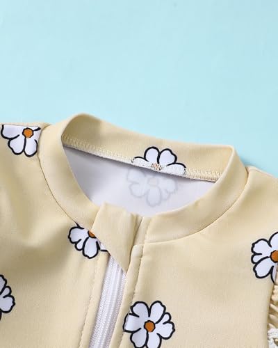 Image of Toddler Girl Swimsuit Baby Girl Bathing Suit Long Sleeve Floral Zipper One-Piece Rash Guard Swimsuit with Hat