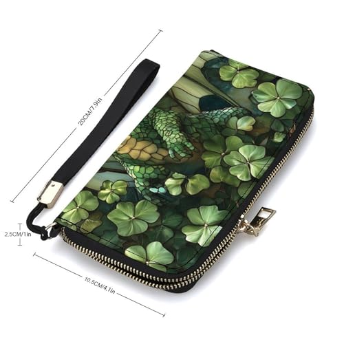 Green Dragon with Four Clovers Stained Glass PU Leather Clutch Long Bifold Wallet, Coin Purse Credit Pass Case, Durable Card-Holder Money Storage for Women Men2