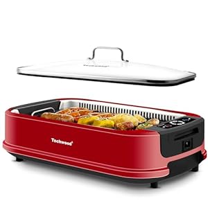 Techwood Indoor Smokeless Grill 1500W Electric Grill with Tempered Glass Lid, Compact & Portable Non-Stick BBQ Grill with Turbo Smoke Extractor Technology, LED Smart Control Panel, Red