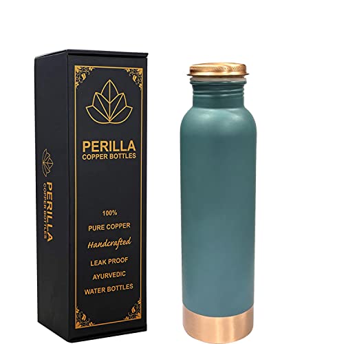 Perilla Home Copper Water Bottle 20.29 Oz Leak Proof 99.97% Pure - Ayurvedic Copper Vessel - Drink More Water And Enjoy The Health Benefits Immediately - For Gym,Yoga Bottle (Plain Pie Green)