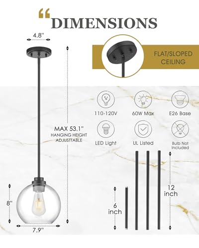 Image of 2 Pack Pendant Lights Kitchen Island, 8 inch Black Pendant Light Fixtures with Globe Clear Glass Shade, Modern Kitchen Island Lighting for Bathroom, AD-22280-2PL-BK