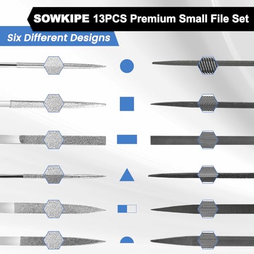 SOWKIPE 13Pcs Metal Needle File Set, Premium Small File Set with 6 Diamond File, 6 Steel Files, Cleaning Brush & Carrying Case for Wood, Plastic, Jewelry, Leather, and DIY Wood File - Thumbnail 2