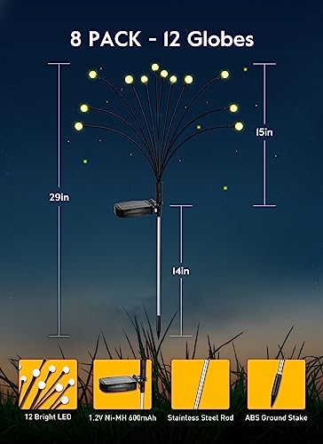 Solar Garden Lights - 8 Pack 12 Led Solar Firefly Lights With 2 Lighting Mode, Sway By Wind, Waterproof Solar Decorative Lights, Solar Outdoor Lights For Yard Patio Walkway Decoration, Warm White #TOP1
