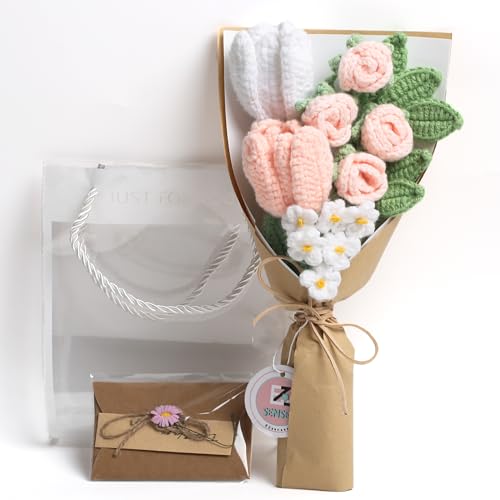Crochet Flower Bouquet with Greeting Card and Gift Bag, Handmade Artificial Knitted Rose and Tulip in Soft Pink, Warm Faux Flowers Bouquet for Mother's Day, Wedding, Birthdays, Valentine's Day