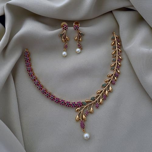 Image of Antique Gold Plated Temple Jewellery Necklace Set with Earrings for Women, Traditional Indian Bridal Necklace Set, South Indian Choker Haram Style Jewellery Set, Ethnic Wedding for Women