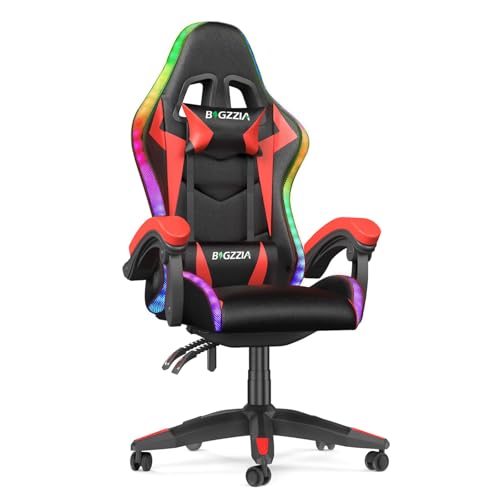 bigzzia Gaming Stuhl mit LED - Gaming Sessel Ergonomischer PC Stuhl mit Kopfstütze, Gamer Stuhl RGB...