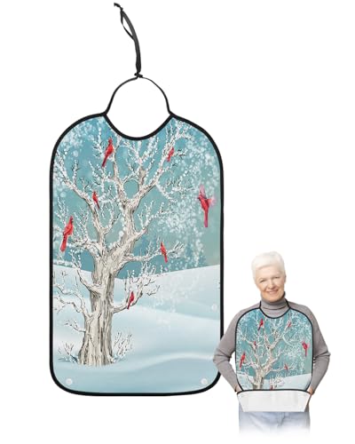 LEOKOTI Christmas Adult Bibs for Eating, Waterproof Bibs with Food Catcher & Snap Closure, Christmas Tree Xmas Birds Winter Snowflake Teal Washable Clothing Protectors Adult Bibs for Elderly
