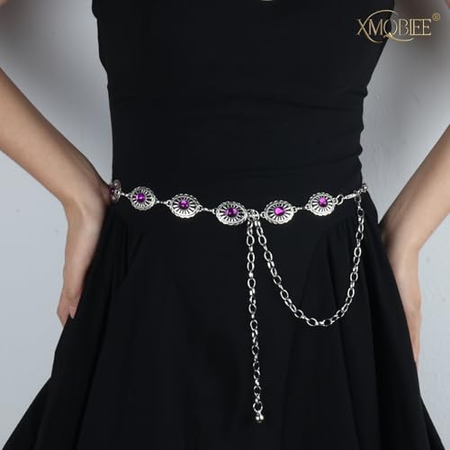 Western Turquoise Concho Chain Belts for Cowgirl, Metal Hollow Boho Floral Design Womens Belt for Dresses Jeans Pants3