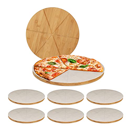 Set 8 Tablas para Pizza, Plato Cortar y Servir Pan, Ranuras, Redondo, Ø33cm, 200 Láminas Papel Horno, Bambú, Natural