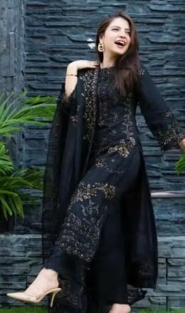 Image of Women's Black Embroidered Kurta Pant Dupatta Set | Ethnic Suit Set for Women | Straight Kurta Set | Festive Traditional Pakistani Style Dress for Women