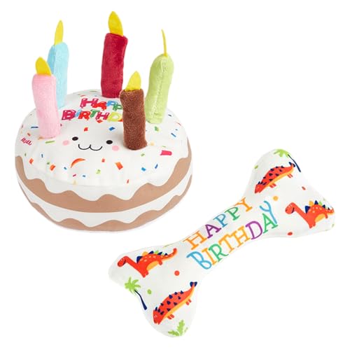 Anseom 2 Pezzi Giocattoli per Cani, Osso di Compleanno Regalo + Torta Giocattolo da Masticare Set per Cani Piccoli e Medi, Gioco Cartilagine Durevole, Ideale per Festeggiare e Allenare i Denti
