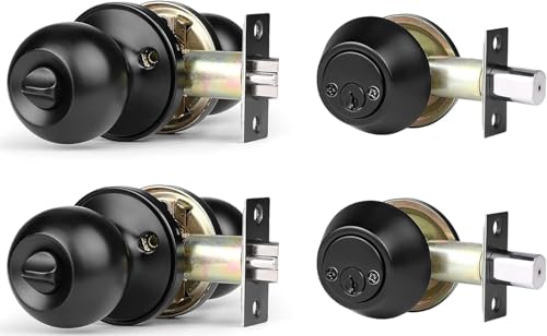 Brotima 2 Pack Keyed Alike Entry Door Knob and Dingle Cylinder Deadbolt Combination Set,Black Door Lock Set for Exterior/Front Door, Security Round Style Door Knobs Deadbolt