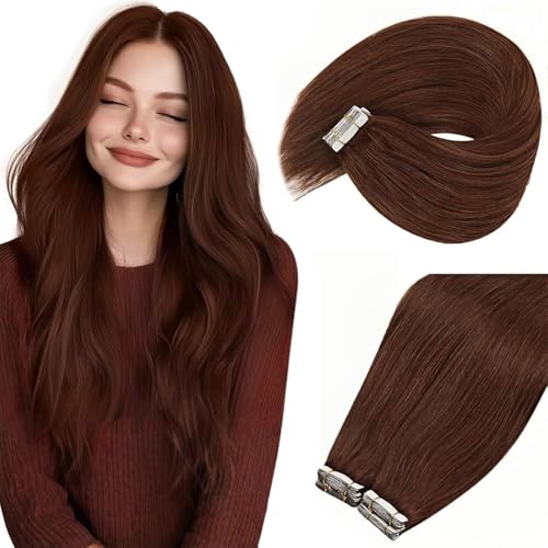 Image of Ve Sunny Hair Tape in Hair Extensions Warm Mahogany | Real Human Hair Tape Extensions,for Party,Smooth Soft,14Inch 50g 20Pcs