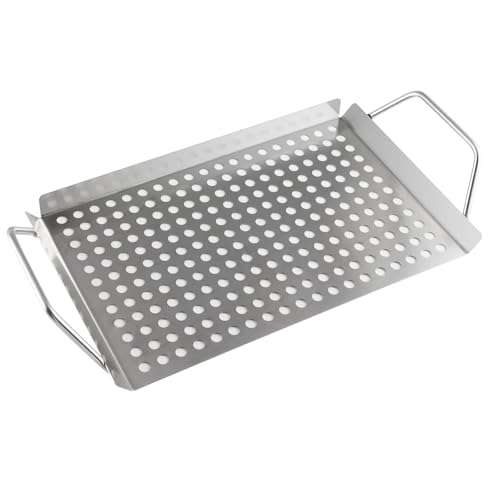 BBQ Grilling Pans,Stainless Steel Grill Grate11”x7“ Grill Topper Grid Plate Grill Serving Trays With Handles Indoor Outdoor use for Meat, Vegetables & Seafood,Christmas gift