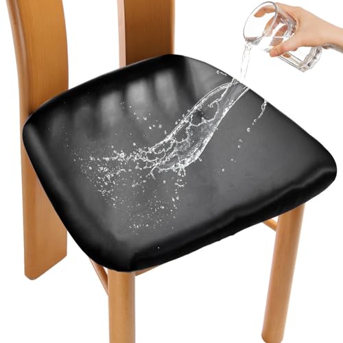 Anseom 2 Pieces Black Dining Chair Seat Covers, Washable Pu Office Chair Covers Stretch Chair Slipcovers Protector, Removable Chair Seat Protector with Fixing Buckle for Banquet Kitchen Party Hotel