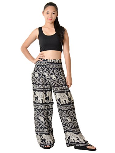 Orient Trail Women's Bohemian Elephant Design Yoga Wide Leg Harem Pants Large Elephant Black
