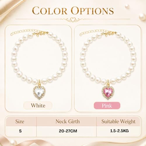 Image of BendJoy 2Pcs Adjustable Jewelry Cat Collar, Puppy Collar for Cats & Small Dogs Neck Belt with Rhinestone Heart Charm Pearl | Adjustable Fit | Rhinestone & Pearl Charm | Photography Prop