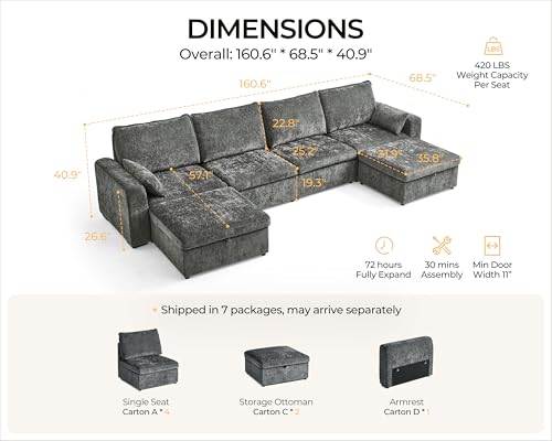 Image of 160.6'' Oversized Modular Sofa Comfy Cloud Couch with Storage, Extra Deep Plush Sectional Sofa Set U-Shaped for Living Room, Covers Washable, 6-Seater with 2 Ottomans, Chenille, Grey