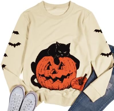 Black Cat on Pumpkin Sweatshirt Halloween Sweatshirts for Women Fall Pumpkin Face Tee Lightweight Pullover Tops - Image 4