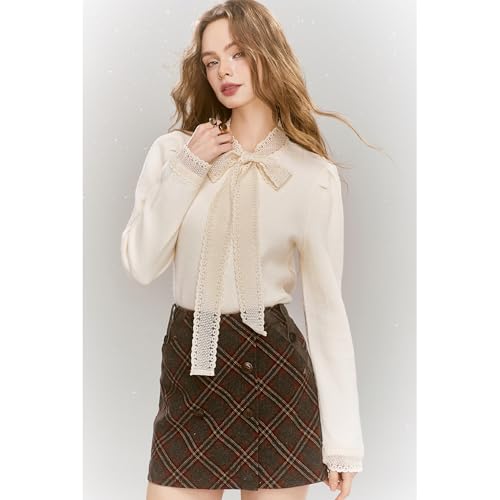 Womens Pullover Sweater Top Bow-Tie Neck Knitwear Lace Stitching Elegant2