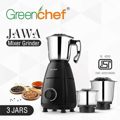 Image of Greenchef Jawa 600W Mixer Grinder with 3 Stainless Steel Jars | 18000 RPM Heavy Duty Motor | 3-Speed Control with Incher | Black