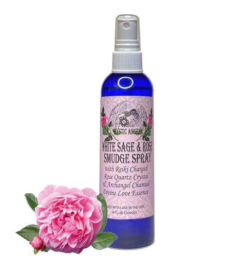 Mystic Angel White Sage & Rose Smudge Spray (4 oz.) with Reiki Charged Rose Quartz Crystal