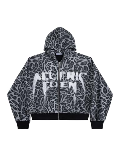 Aelfric Eden Leopard Print Zip Up Hoodie Cropped Oversized Sweatshirts Boxy Casual Jackets Streetwear Clothes Black Medium