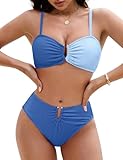 Blooming Jelly Womens Bikini Sets High Waisted Two Piece Swimsuit U Ring Color Block Textured Bathing Suit 2025 Sexy High Cut Swim Suit (Blue Color Block,Small)