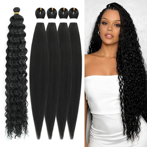 Boho Hair for Braiding Black Braiding Hair Pre Stretched Braiding Hair with Boho Curls Synthetic Bohemian Braid Extensions for Boho Braids (5 Packs)