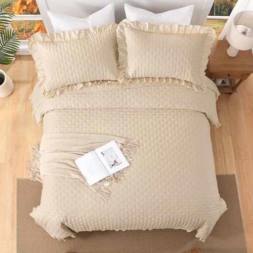 WONGS BEDDING Tagesdecke 220x240 Creme 3 Teilig mit 2 Kissenbezug 50x75 – Ansicht 7