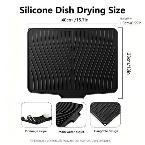 Image of EBIGIC Silicone Dish Drying Mat,15.7 inch*13 inchDish Drying Pad,kitchen accessories,with Built-In and Non-Slip Drain,easy Clean, fit for kitchen, Bar, RV, Refrigerator and Drawer Liner, Black