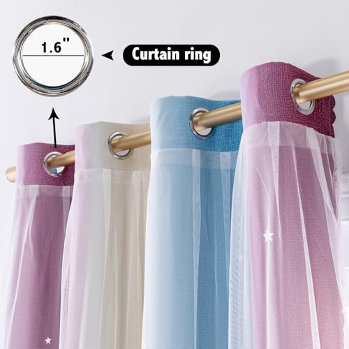 Image of indistar Colourful Stripe Star Cut-Out Blackout Curtains for Bedroom,2 Layers Mix Design of Fabric & Tulle,Pretty Window Curtain for Kids Room 1 Panel (W52 x L72 Purple /Blue)