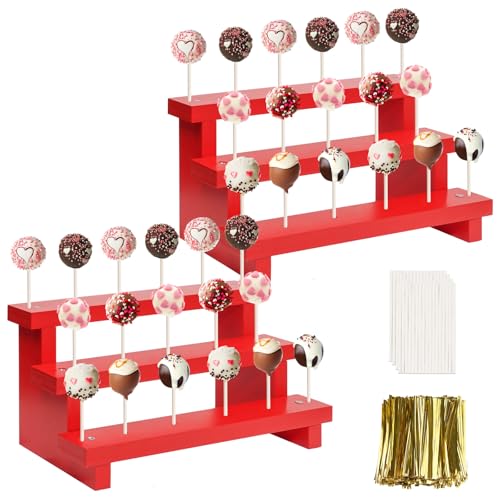 3 Tier Cake Pop Stand, 2 Pack Red 17 Hole Wood Lollipop Display Rack