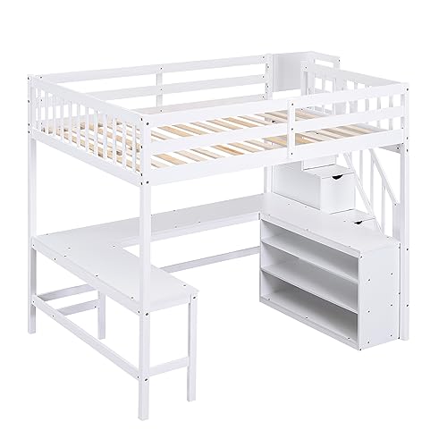 SOFTSEA Full Size Loft Bed with Desk and Storage, Wood Loft Bed with Staircase and Storage Shelves, High Loft Bed Frame with Desk, Stair for Kids Teens Adults, White - Thumbnail 7