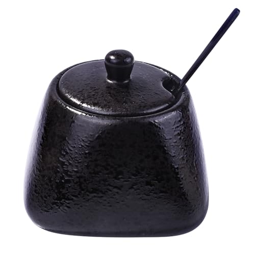 Japanese Porcelain Sugar Bowl with Lid and Spoon, Spice Storage Jar, Black