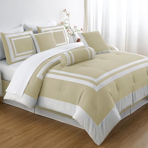 Chezmoi Collection Caprice 7-Piece Hotel Style Comforter Set - Tan/White