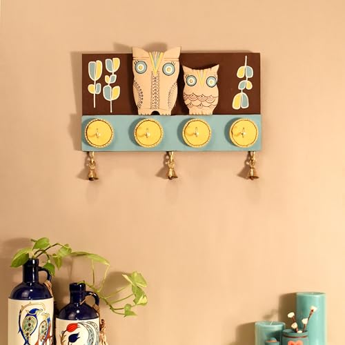 Image of Aakriti Art Creations Key Holder, Julu Key Hanger with Mask Motifs and Beautiful Artwork | Rustic Wooden Wall Organizer with 4 Hooks | Storage Shelf For Keys, Hats| Multifunctional Entryway Decor Item