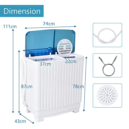 COSTWAY Twin Tub Washing Machine, 4.5KG/8.5KG/10.5KG Total Portable Laundry Washer Spin Dryer Timing Function and Drain Pump for Apartment Dorms (Blue+White, 7.5kg Washer+3kg Dryer) - Image 6