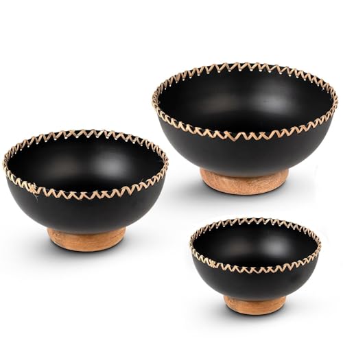 Set mit 3 Metallzentren mit Holzsockel in Schwarz und Natur, Ø 20 x 9 cm, Ø 18 x 9 cm, Ø 15 x 9 cm