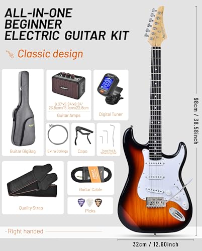 Image of Leo Jaymz Beginner Electric Guitar Complete Kit with Portable Amp, Padded Gig Bag & Full Accessories, Maple Neck SSS Pickups (Sunburst)