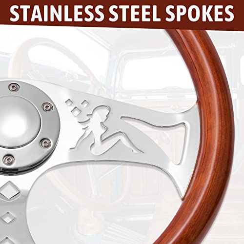 Temsone 15" Inch Wood Steering Wheel Grain Billet Polished Spoke With 6 Bolts Horn Button Classic Vintage Nostalgia Style Finger Grip Wooden Steering Wheel Of 2.1" Deep Dish Universal (Girl Pattern) #TOP3