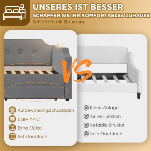 Cama tapizada gris de 90x200 para dormitorio juvenil con cajones amplios para guardar ropa 5