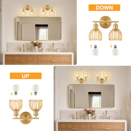 Image of Bathroom Light Fixtures, 2-Light Brushed Gold Vanity Lights for Bathroom with Amber Tulip Glass Shade, 12 inch Vintage Bathroom Vanity Lighting Fixtures Over Mirror for Bedroom Living Room Hallway