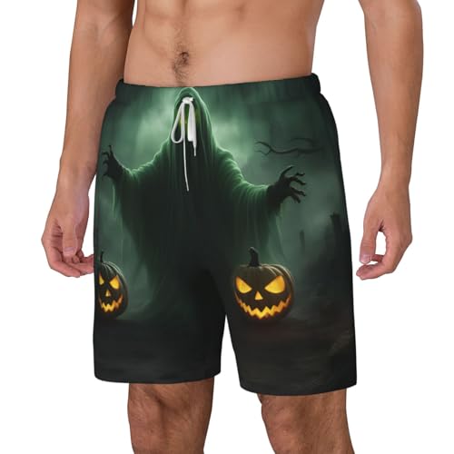 Green Ghost Horror Halloween Pumpkin Men's Soft Double Swim Shorts, Lounge Swiming Shorts Pants Breathable Summer2