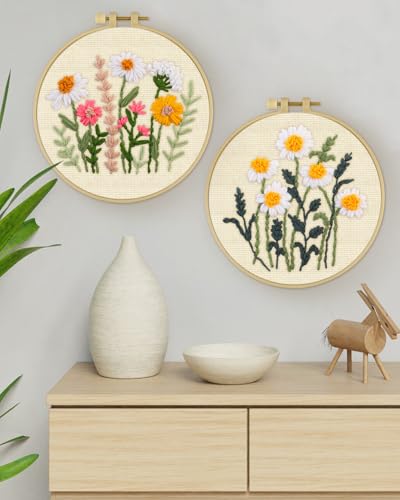 Image of ERKOON Punch Needle Kit Adults Beginners, 2 Pcs DIY Easy Flower Embroidery Set for Starter Art Craft, Needling Punching Project with Patterns, Tools, Yarns, Hoop, Instruction (Daisies)