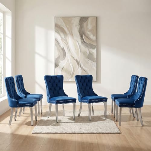 OVENTA Modern Tufted Upholstered Dining Chairs Set of 6, Navy Blue Velvet Dining Room Chair with Metal Legs, Sillas de Comedor, Kitchen Chairs (Navy Blue Velvet, Silver Legs Set of 6)