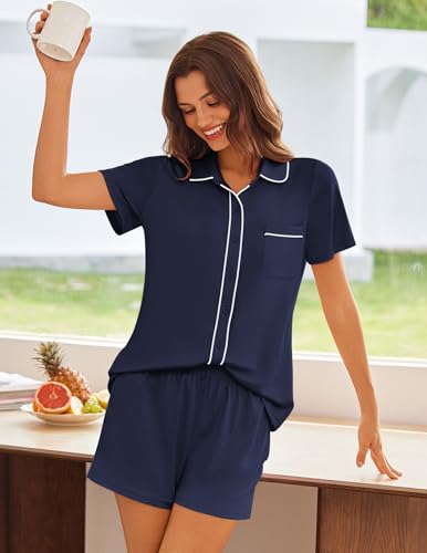 Image of Ekouaer Womens Pajama Sets Button Down Lounge Set 2 Piece Loungewear Soft Sleepwear Short Sleeve Pjs with Pockets
